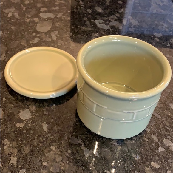 Longaberger Pottery sage green crock and lid set